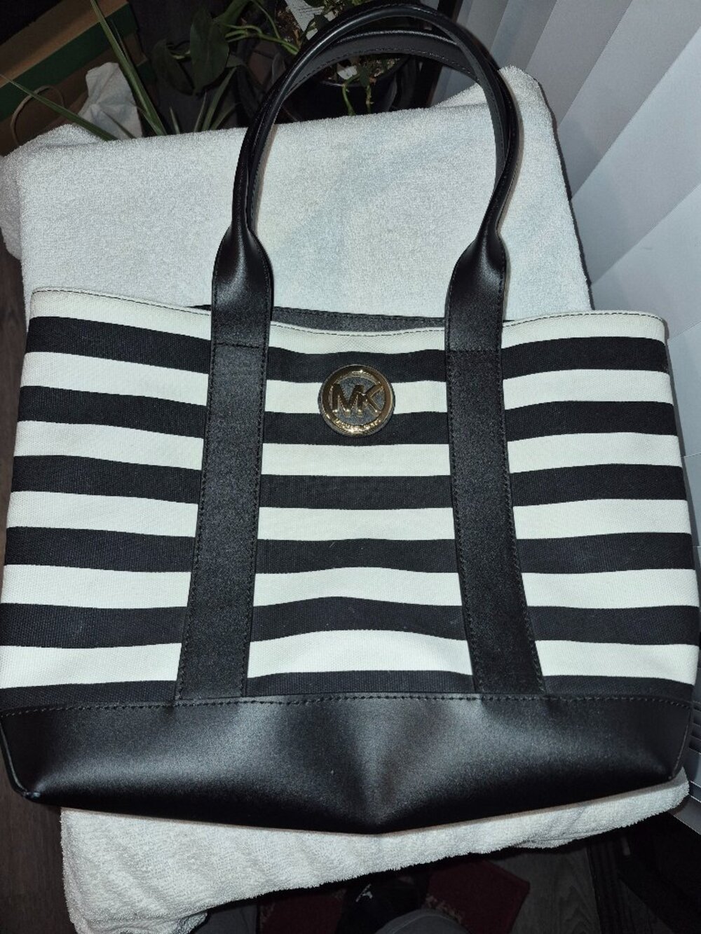 Michael Kors Fulton Canvas black and white striped medium tote shoulder bag
